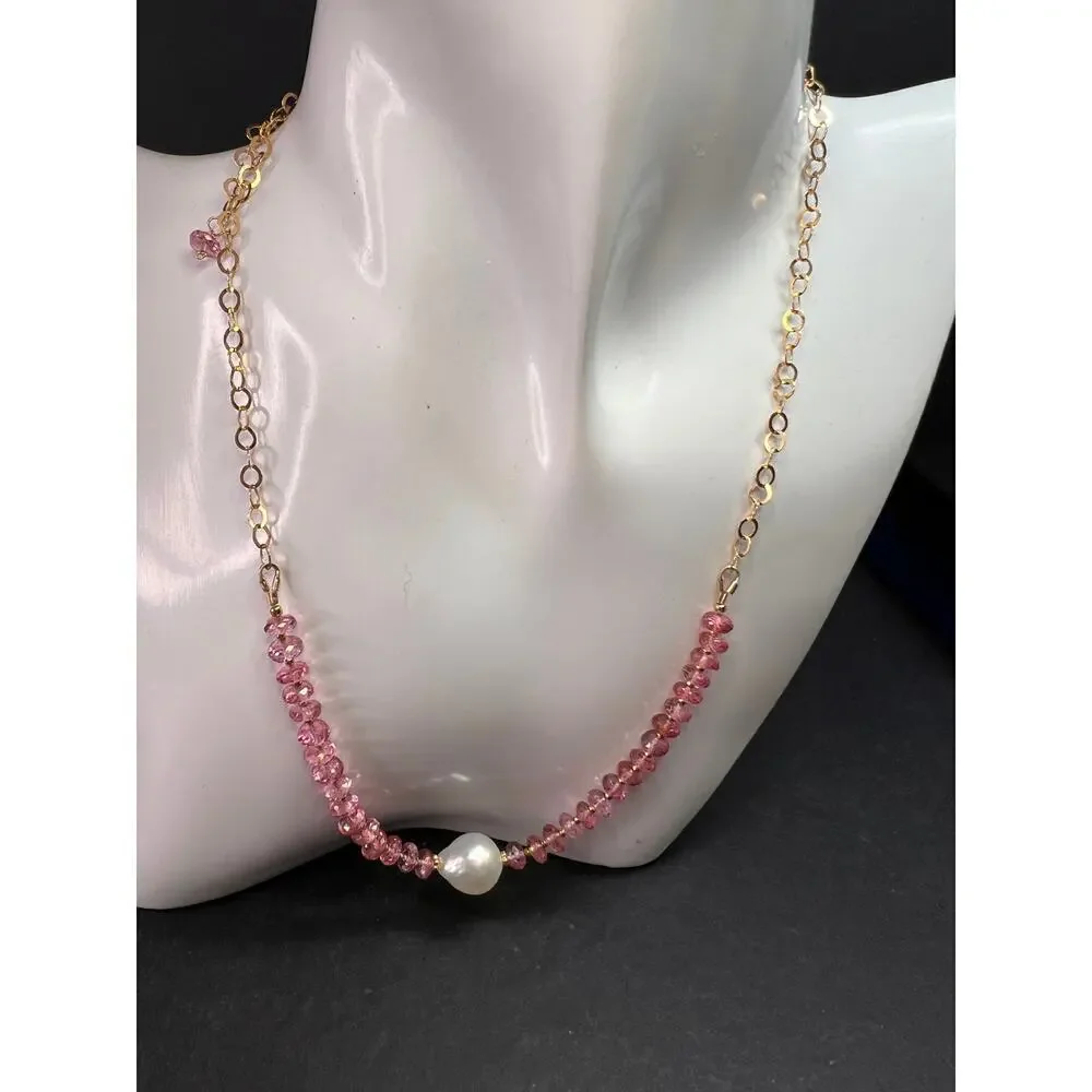 Gold Filled Necklace with Baroque Pearl and Pink Faceted Gemstone Beads